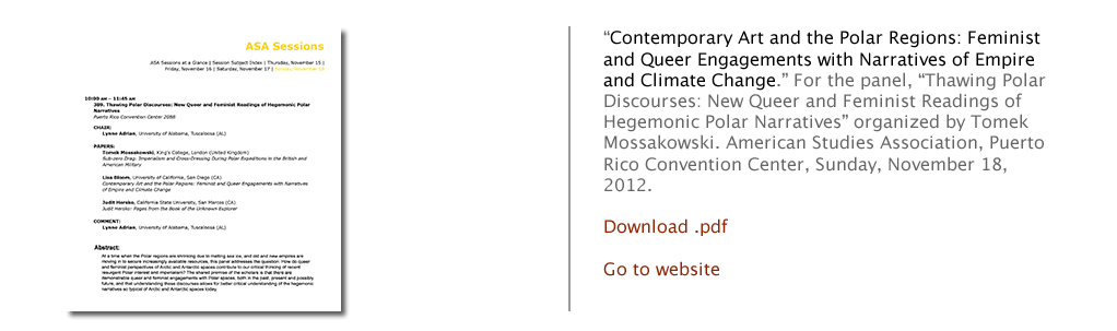 “Re-Viewing 1970s and 1980s Feminist Art Practices in the 1990s: Three Major Exhibitions on Judy Chicago, Eleanor Antin, and Martha Rosler.” College Art Association Conference panel, February, 2001.